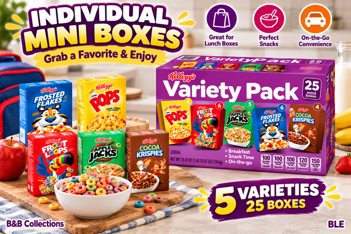 Kellogg’s Cereal Variety Pack, 25 Mini Boxes, 5 Assorted Flavors, 26.97 oz