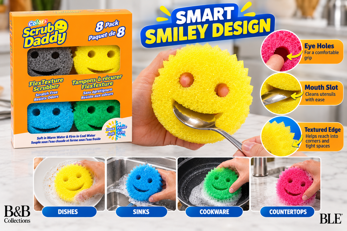 Scrub Daddy Colors Variety Pack, 8 Count, FlexTexture Scratch-Free Scrub Sponges, Odor-Resistant, Firm in Cold Water & Soft in Warm Water, Multicolor