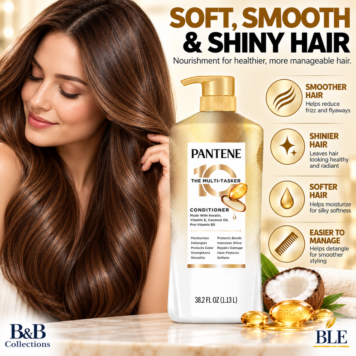 Pantene Pro-V 10 in 1 Multi-Tasker Conditioner, Keratin, Vitamin E & Coconut Oil, Moisturizing & Strengthening Hair Care, 38.2 fl oz
