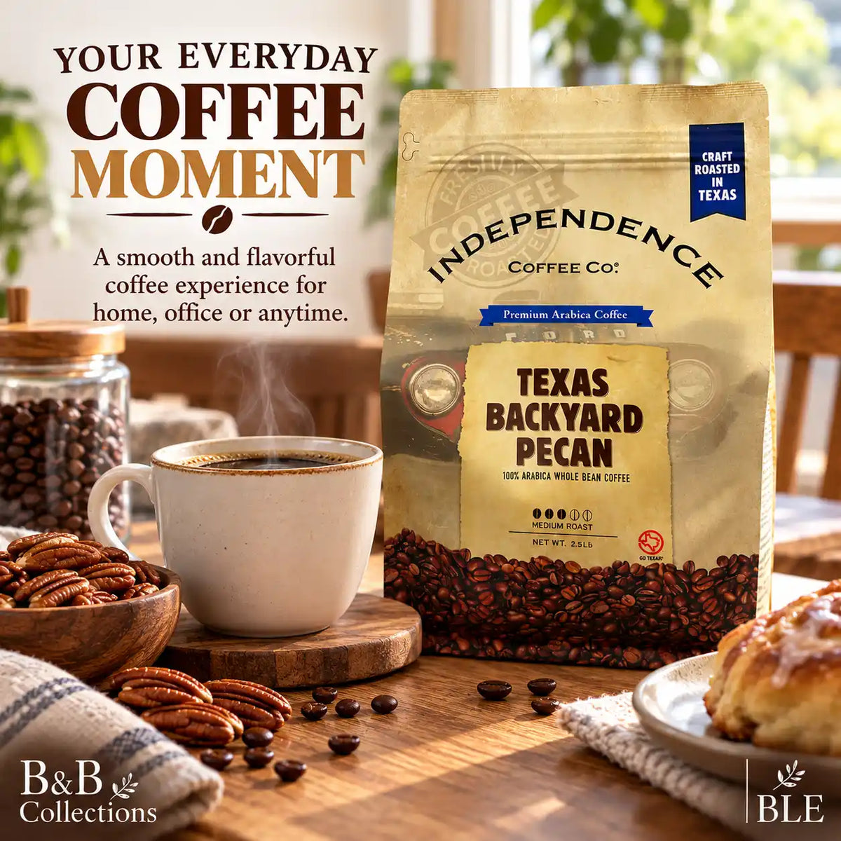 Independence Coffee Co. Texas Backyard Pecan Medium Roast Whole Bean Coffee, 100% Arabica, Craft Roasted in Texas, 2.5 lb (40 oz)