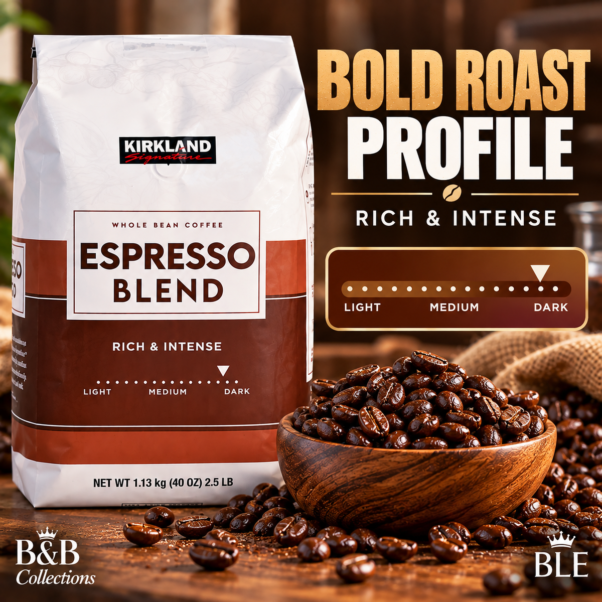 Kirkland Signature Espresso Blend Whole Bean Coffee, Rich & Intense Dark Roast Profile, 40 oz (2.5 lb / 1.13 kg)
