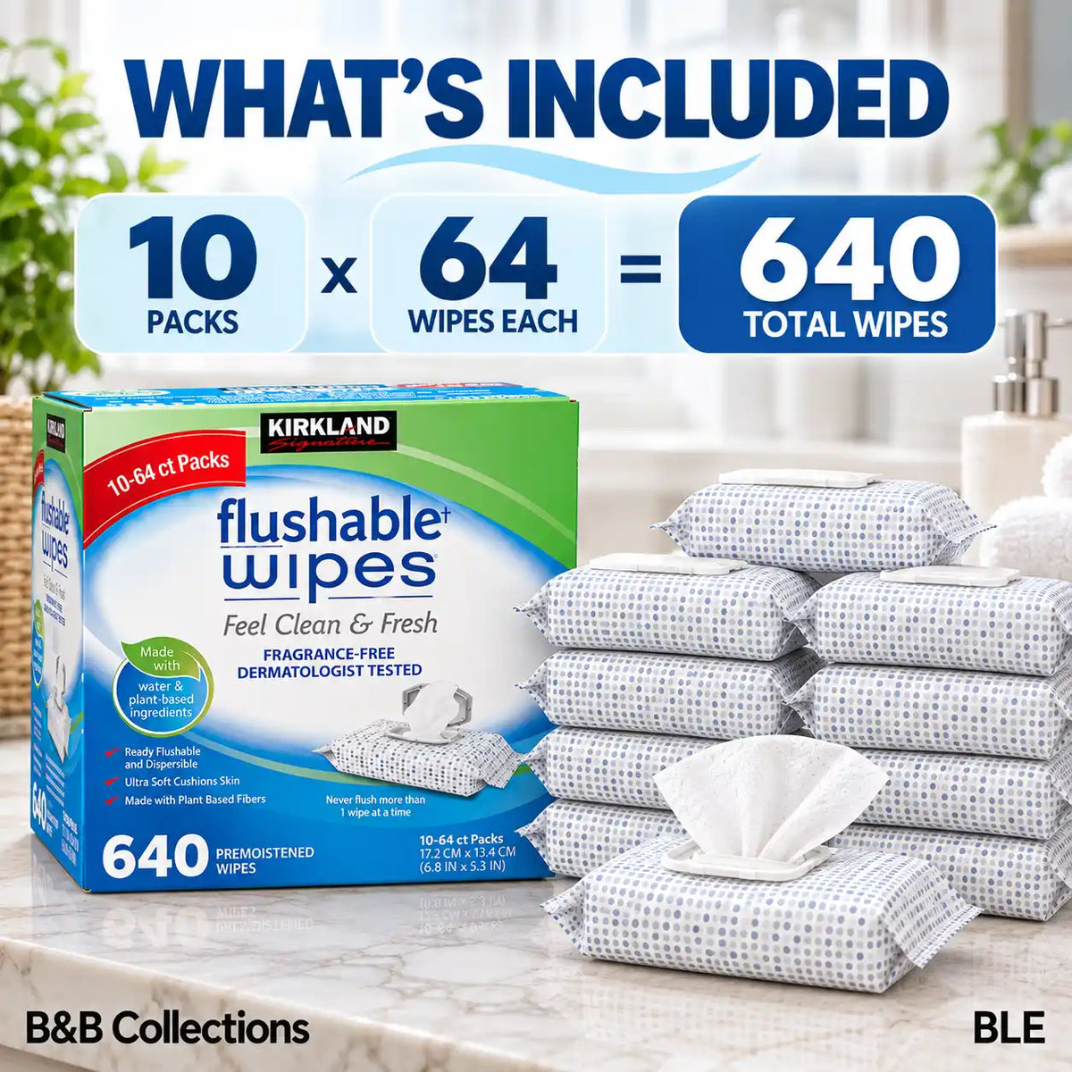 Kirkland Signature Flushable Wipes, Fragrance-Free, Dermatologist Tested, Ultra Soft, 10 Packs, 64 Wipes Each, 640 Count