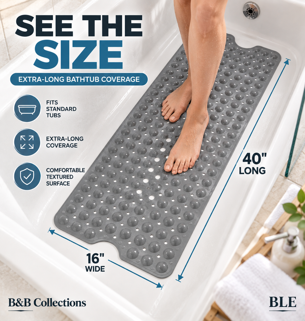 RCH Bath Tub Mat Non-Slip 40 x 16 Inch - Shower Mat for Bathtub with Suction Cups - Machine Washable (LIGHT GREY)