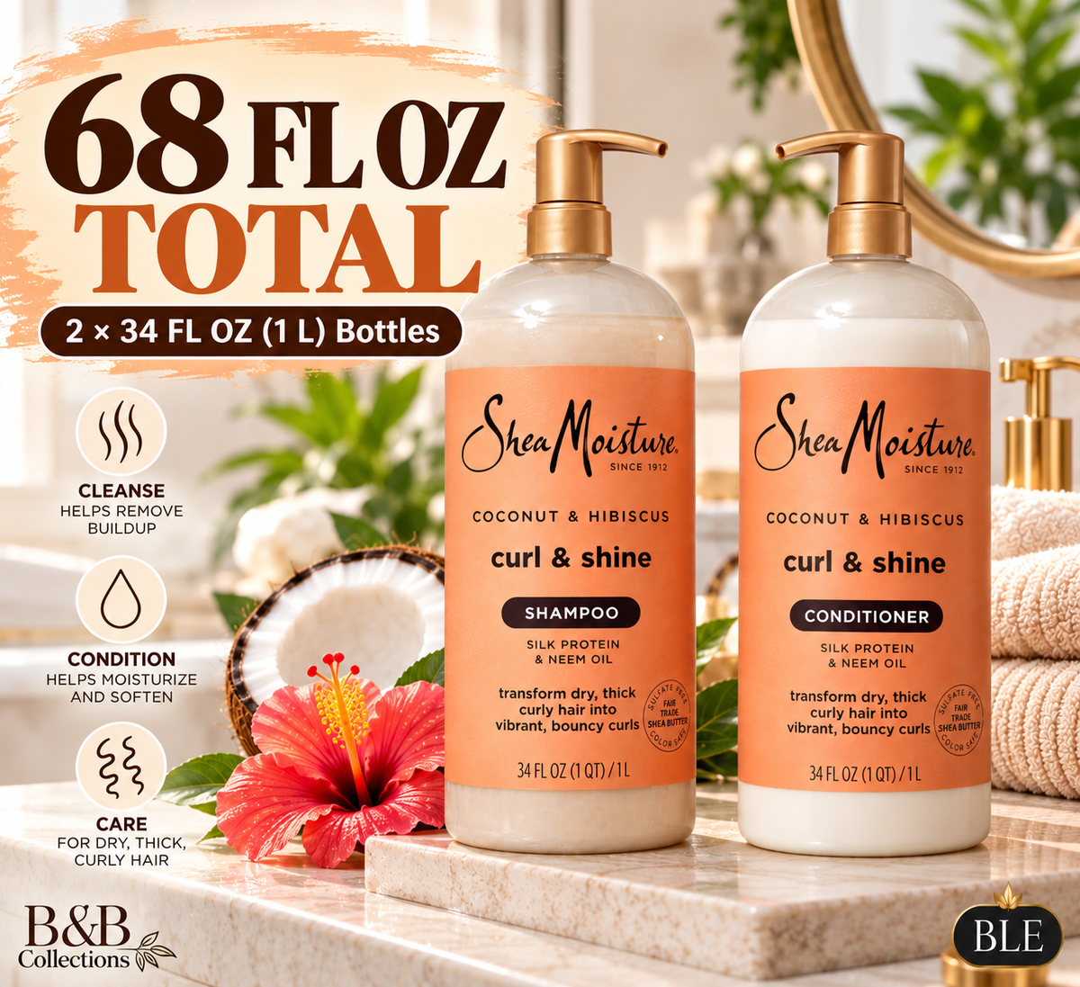 SheaMoisture Coconut & Hibiscus Curl & Shine Shampoo & Conditioner Set, Silk Protein & Neem Oil, 34 fl oz Each, 2 Count, 68 fl oz Total