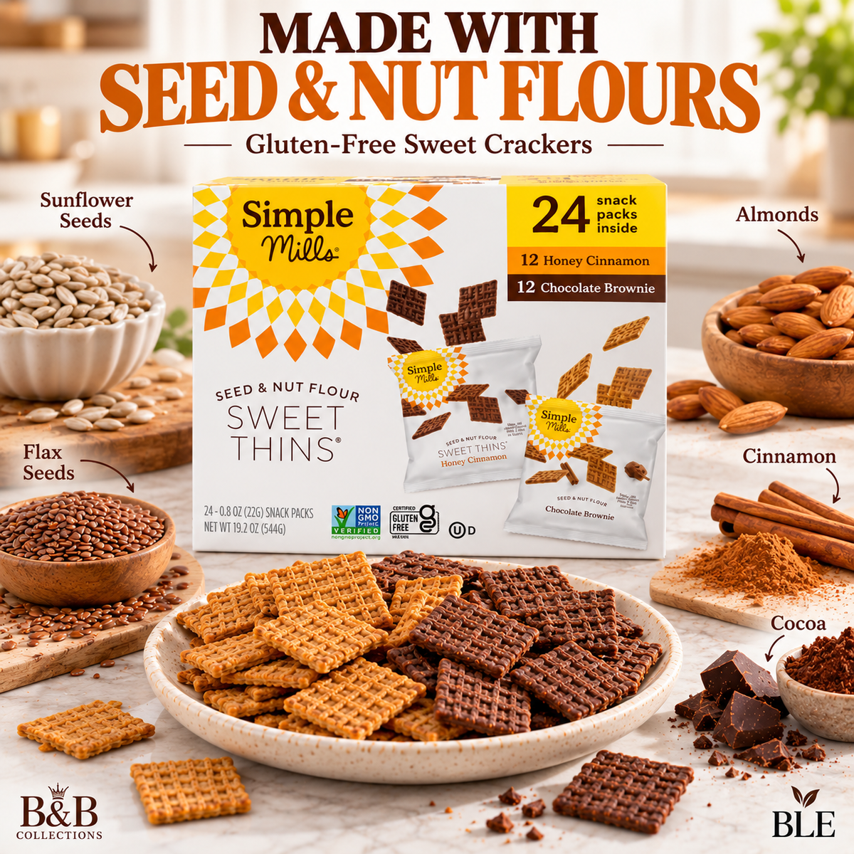 Simple Mills Seed & Nut Flour Sweet Thins Variety Pack, Honey Cinnamon & Chocolate Brownie, Gluten-Free Sweet Snack Crackers, 24 Individual Packs, 19.2 oz
