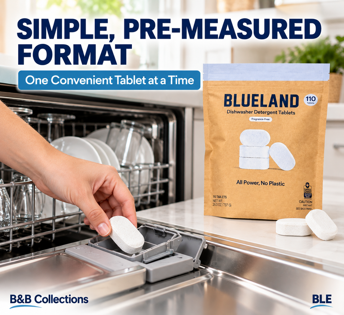 Blueland Dishwasher Detergent Tablets, Fragrance-Free, Plastic-Free, 110 Count, 26 oz