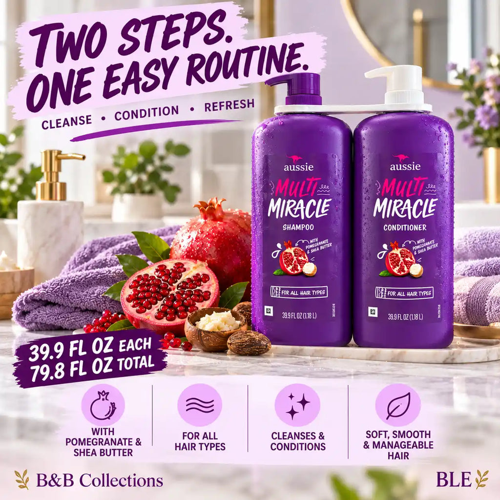 Aussie Multi Miracle Shampoo & Conditioner Set, 39.9 fl oz Each, with Pomegranate & Shea Butter, for All Hair Types (2-Pack)