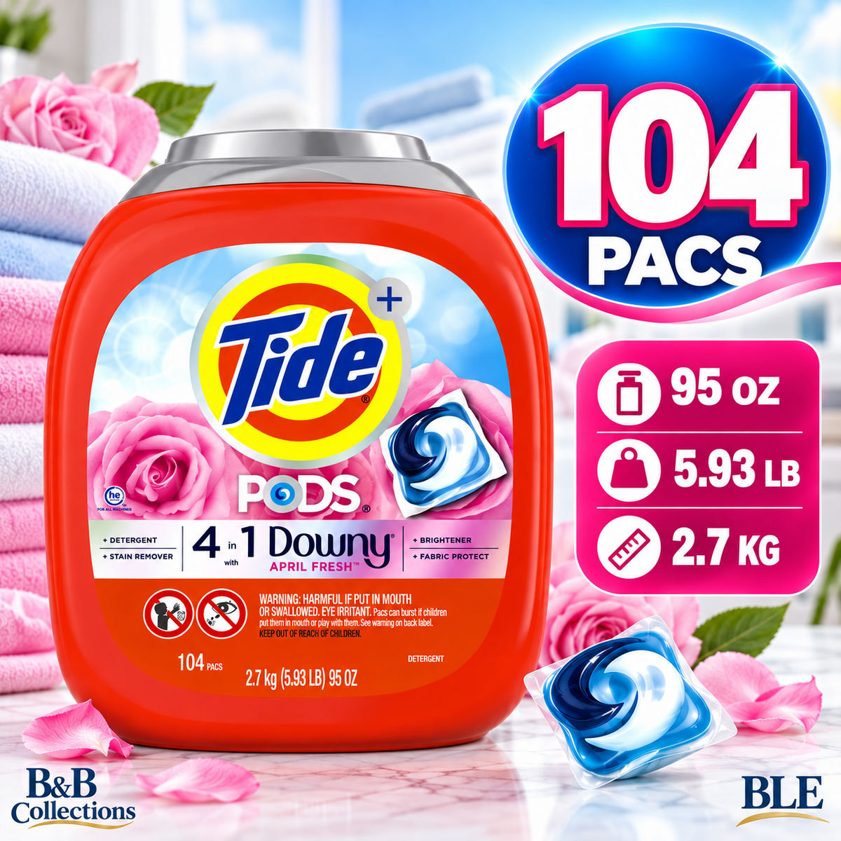 Tide PODS + Downy 4-in-1 Laundry Detergent Pacs, April Fresh, Stain Remover, Brightener & Fabric Protect, 104 Count, 95 oz