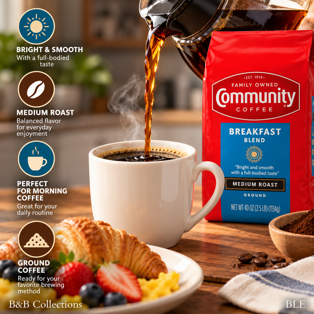 Community Coffee Breakfast Blend Medium Roast Ground Coffee, 40 oz (2.5 lb), Bright & Smooth, Full-Bodied Flavor
