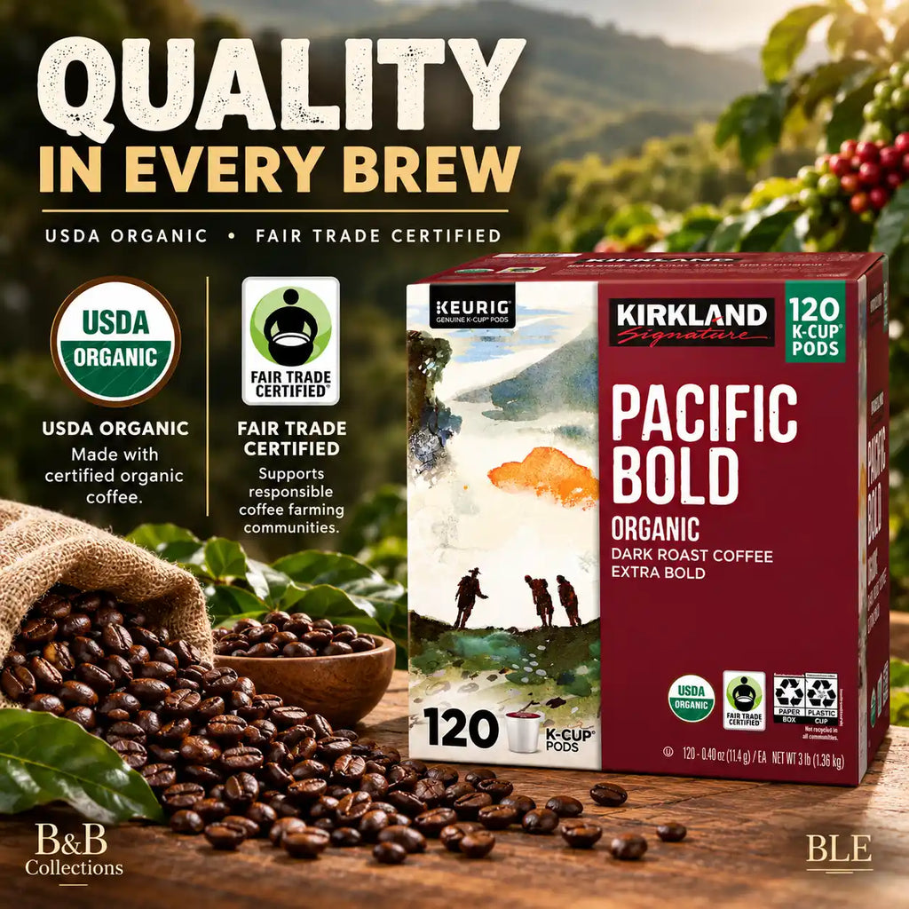 Kirkland Signature Pacific Bold Organic Dark Roast Coffee, Extra Bold, Fair Trade Certified, Keurig K-Cup Pods, 120 Count