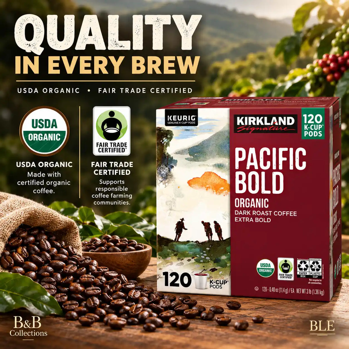 Kirkland Signature Pacific Bold Organic Dark Roast Coffee, Extra Bold, Fair Trade Certified, Keurig K-Cup Pods, 120 Count