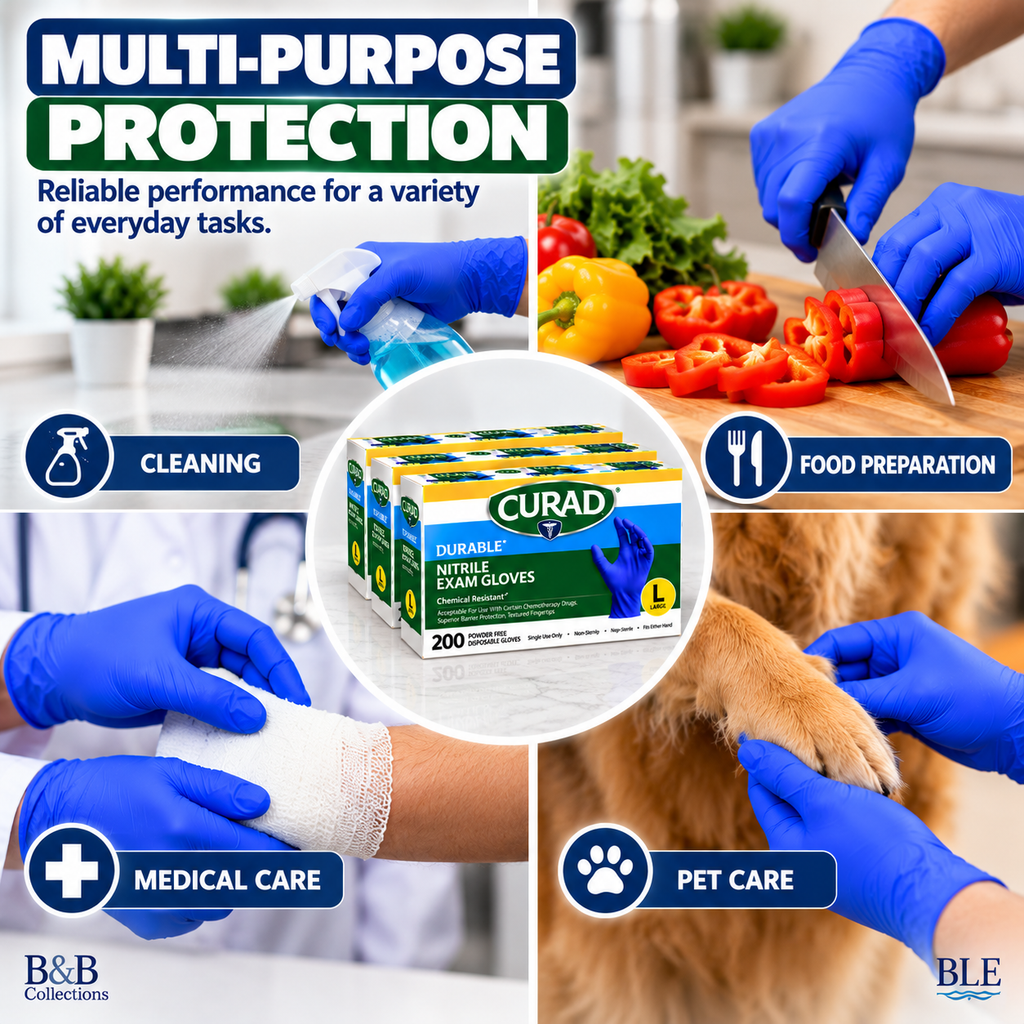 CURAD Durable Nitrile Exam Gloves, Large, Powder-Free, Chemical Resistant, Latex-Free, Disposable, Non-Sterile, 600 Count (3 Boxes of 200)