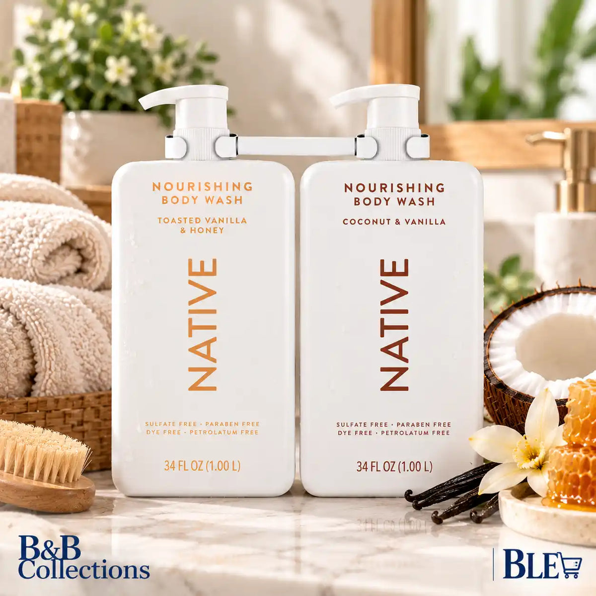 Native Nourishing Body Wash Variety 2-Pack, Toasted Vanilla & Honey + Coconut & Vanilla, Sulfate-Free, Paraben-Free, 34 fl oz Each, 68 fl oz Total