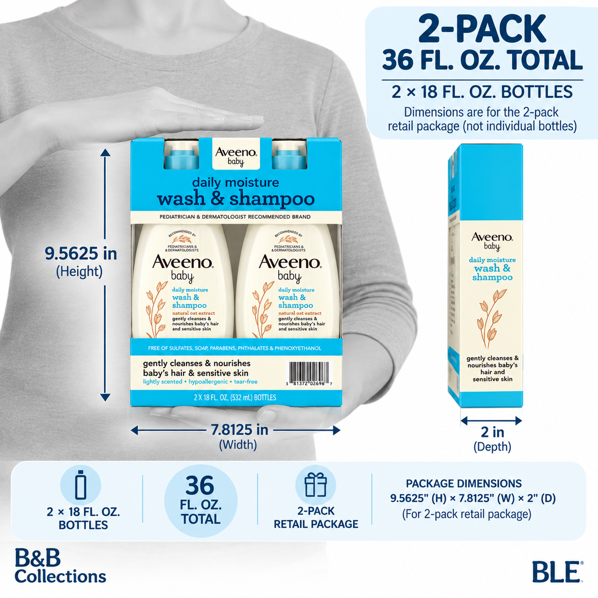 Aveeno Baby Daily Moisture Wash & Shampoo with Natural Oat Extract, Tear-Free & Hypoallergenic, 18 fl. oz. Each, 2-Pack