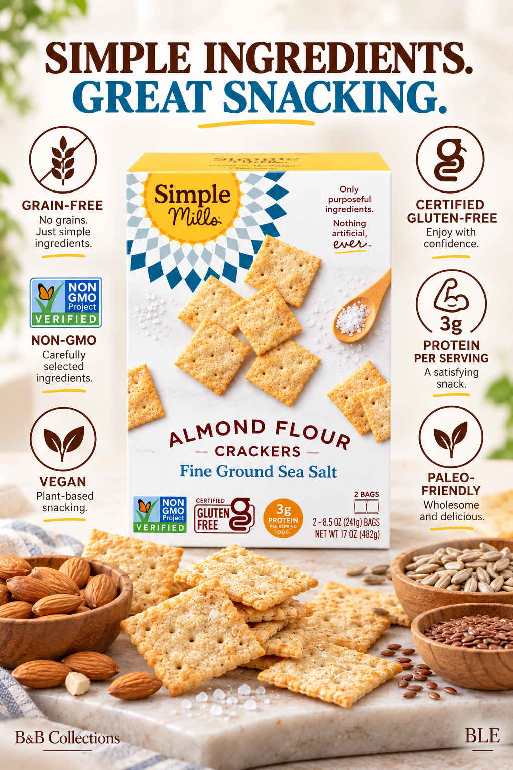 Simple Mills Almond Flour Crackers, Fine Ground Sea Salt, Gluten-Free, Grain-Free, Non-GMO, Vegan, Paleo-Friendly, 3g Protein, 2 Bags (8.5 oz Each)