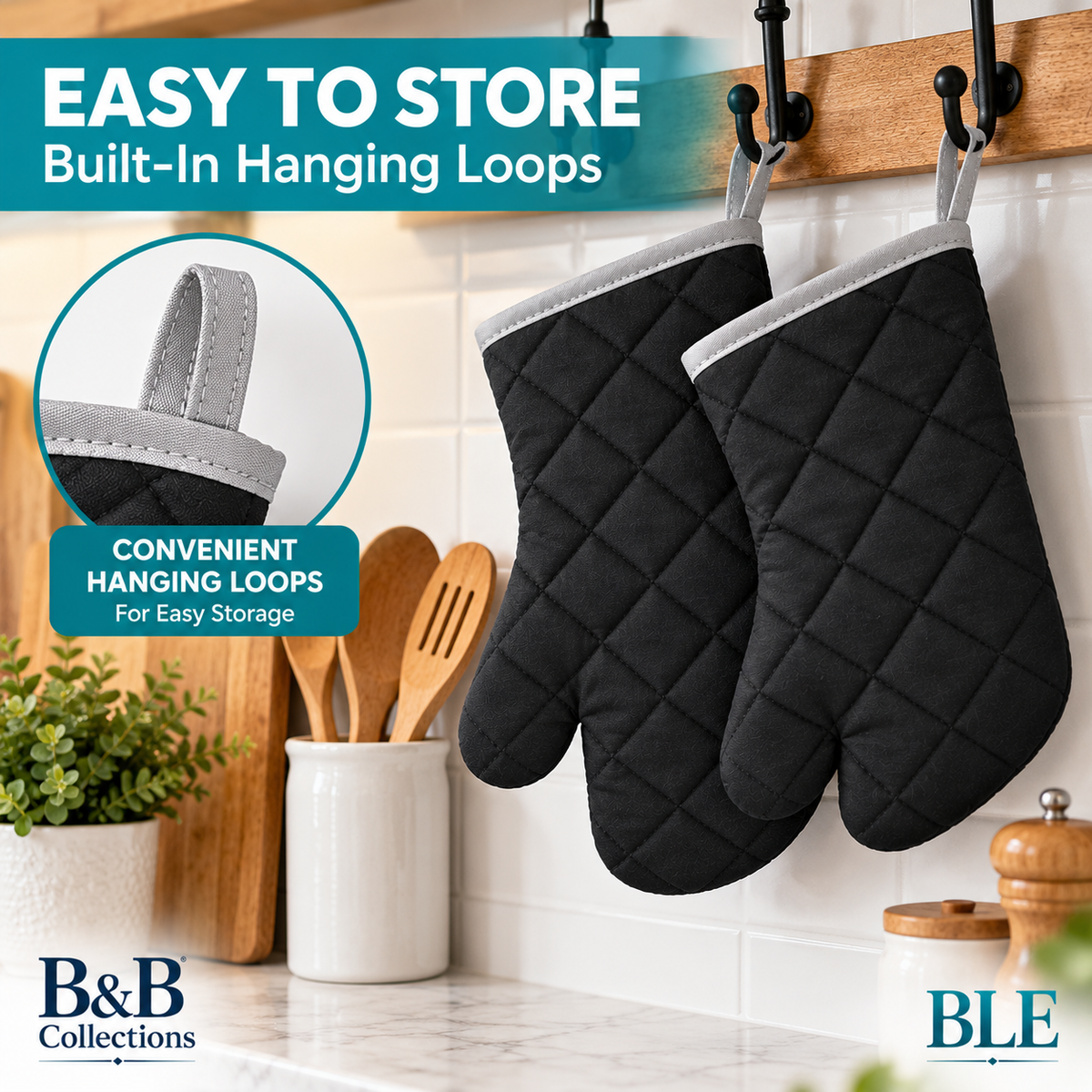 Nouvelle Legende Flame Retardant Quilted Oven Mitts, Heat-Resistant Kitchen & Outdoor Cooking Gloves, Black, 2-Pack