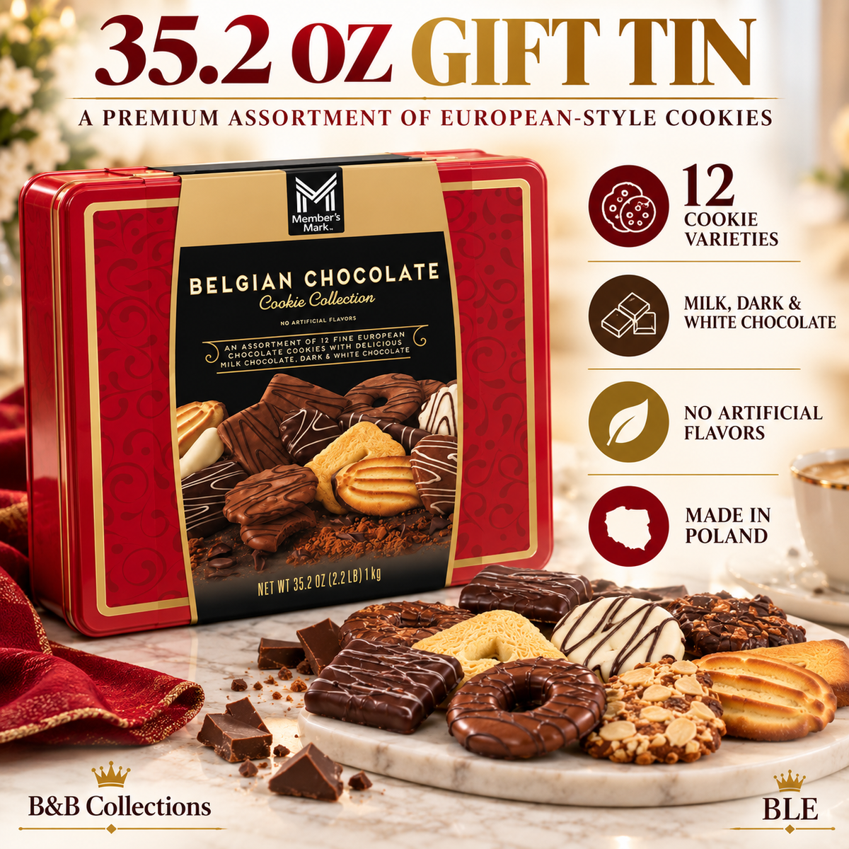 Member’s Mark Belgian Chocolate Cookie Collection, 12 European Cookie Varieties, Milk, Dark & White Chocolate, 35.2 oz Gift Tin