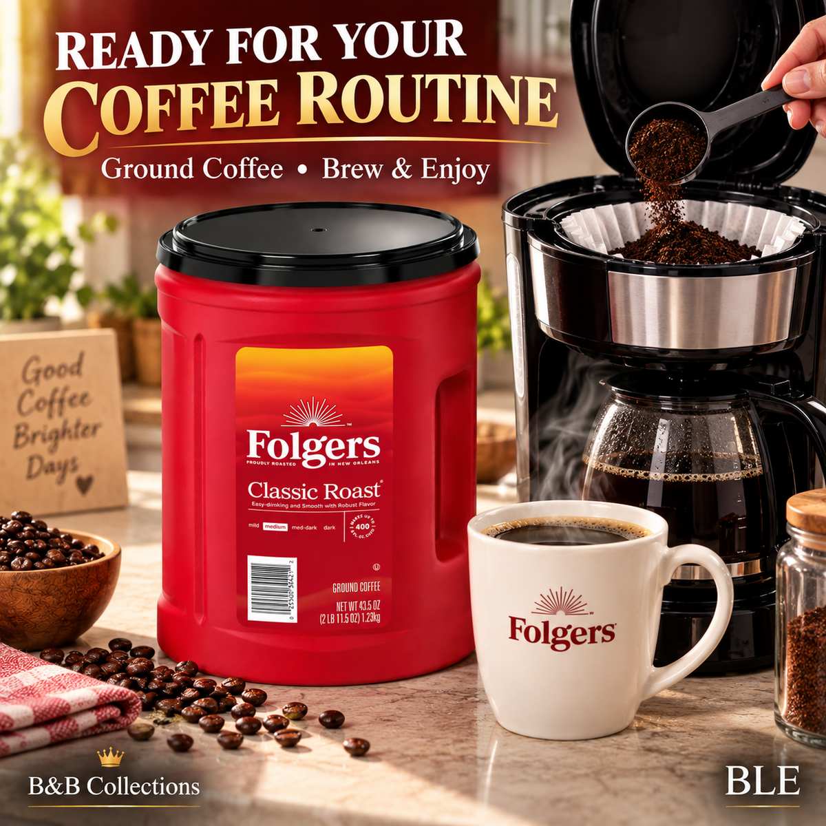 Folgers Classic Roast Ground Coffee, Medium Roast, 43.5 oz Canister