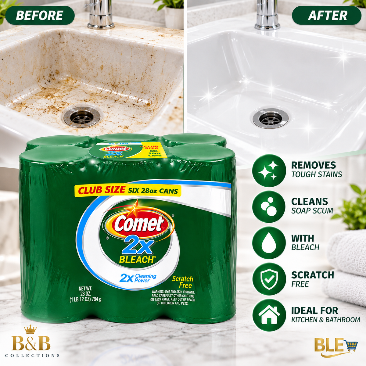 Comet 2X Bleach Powder Cleanser, 28 oz Cans, 6-Pack – Multi-Surface Cleaning Powder for Kitchen & Bathroom, Tough Stain & Grease Removal