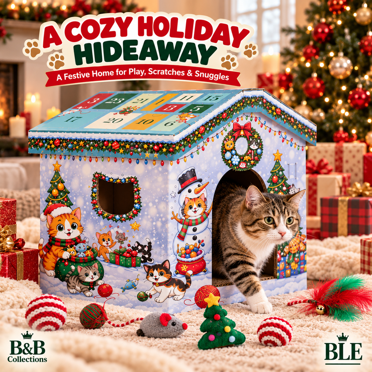 Catmas Countdown Cabin 25-Day Cat Advent Calendar, Christmas Cat House with 13 Toys, 12 Treats & Scratcher Pad, Holiday Countdown Gift for Cats