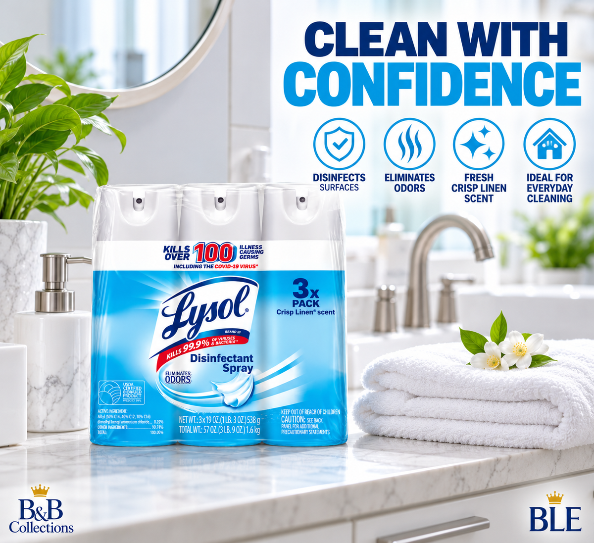Lysol Disinfectant Spray, Crisp Linen Scent, 19 oz Cans, Kills 99.9% of Viruses & Bacteria, Odor Eliminator, Multi-Surface Disinfecting Spray, 3 Pack