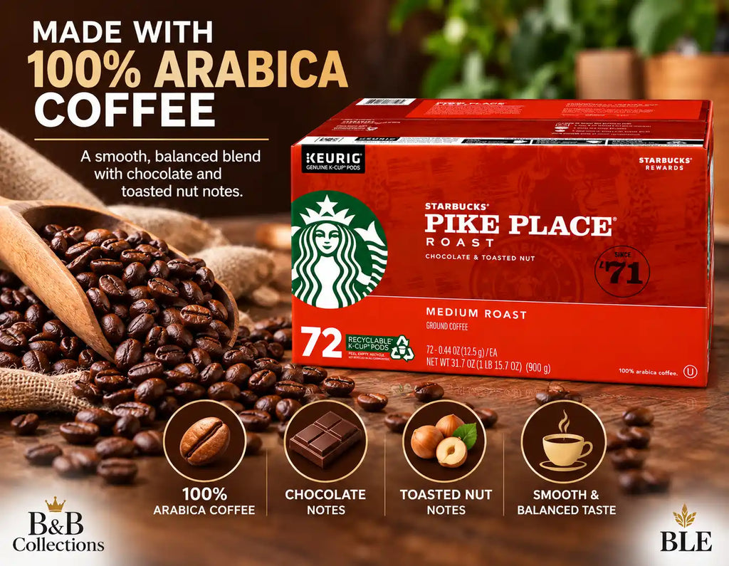 Starbucks Pike Place Roast Medium Roast Coffee, Keurig K-Cup Pods, Chocolate & Toasted Nut Notes, 100% Arabica Coffee, 72 Count