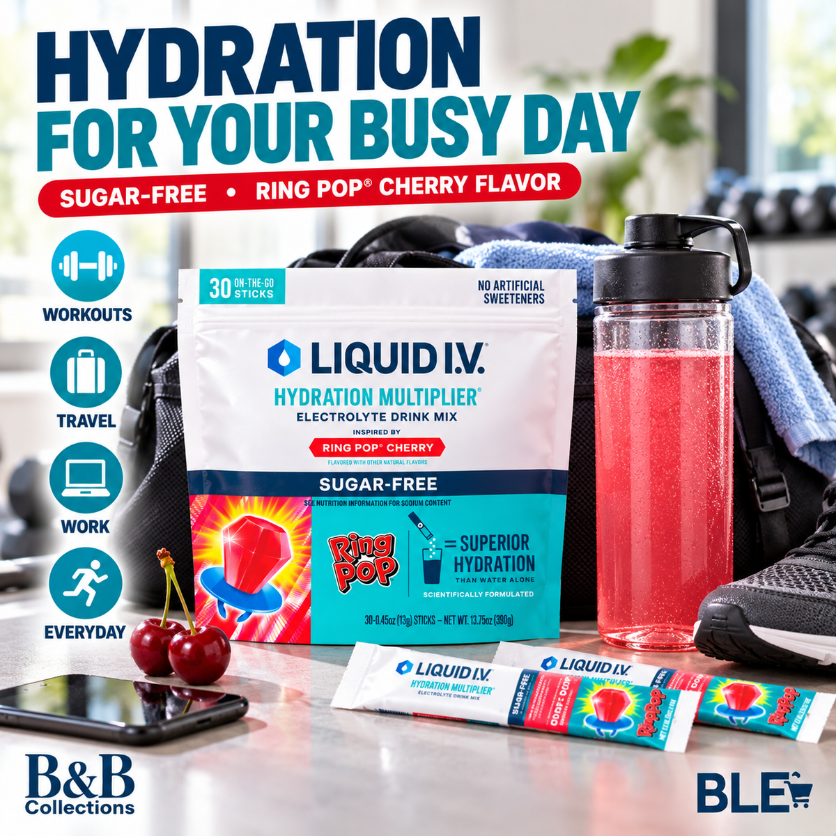 Liquid I.V. Hydration Multiplier Sugar-Free Electrolyte Drink Mix, Ring Pop Cherry Flavor, 30 Individual Stick Packs, Resealable Pouch