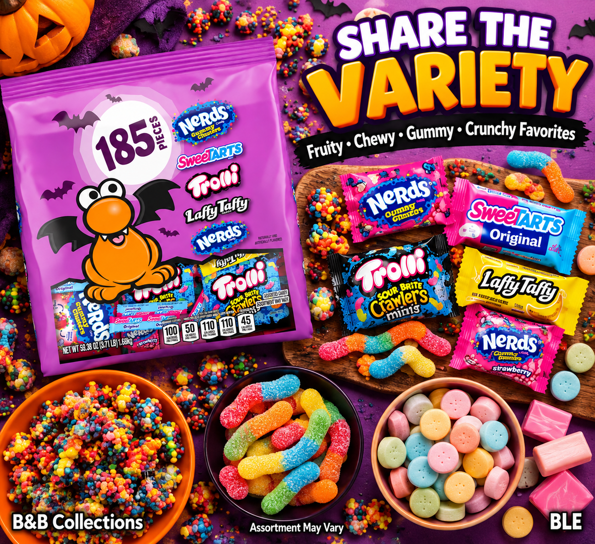 Halloween Assorted Candy Variety Pack, Nerds, SweeTarts, Trolli & Laffy Taffy, 185 Pieces, 59.38 oz (3.71 lb)