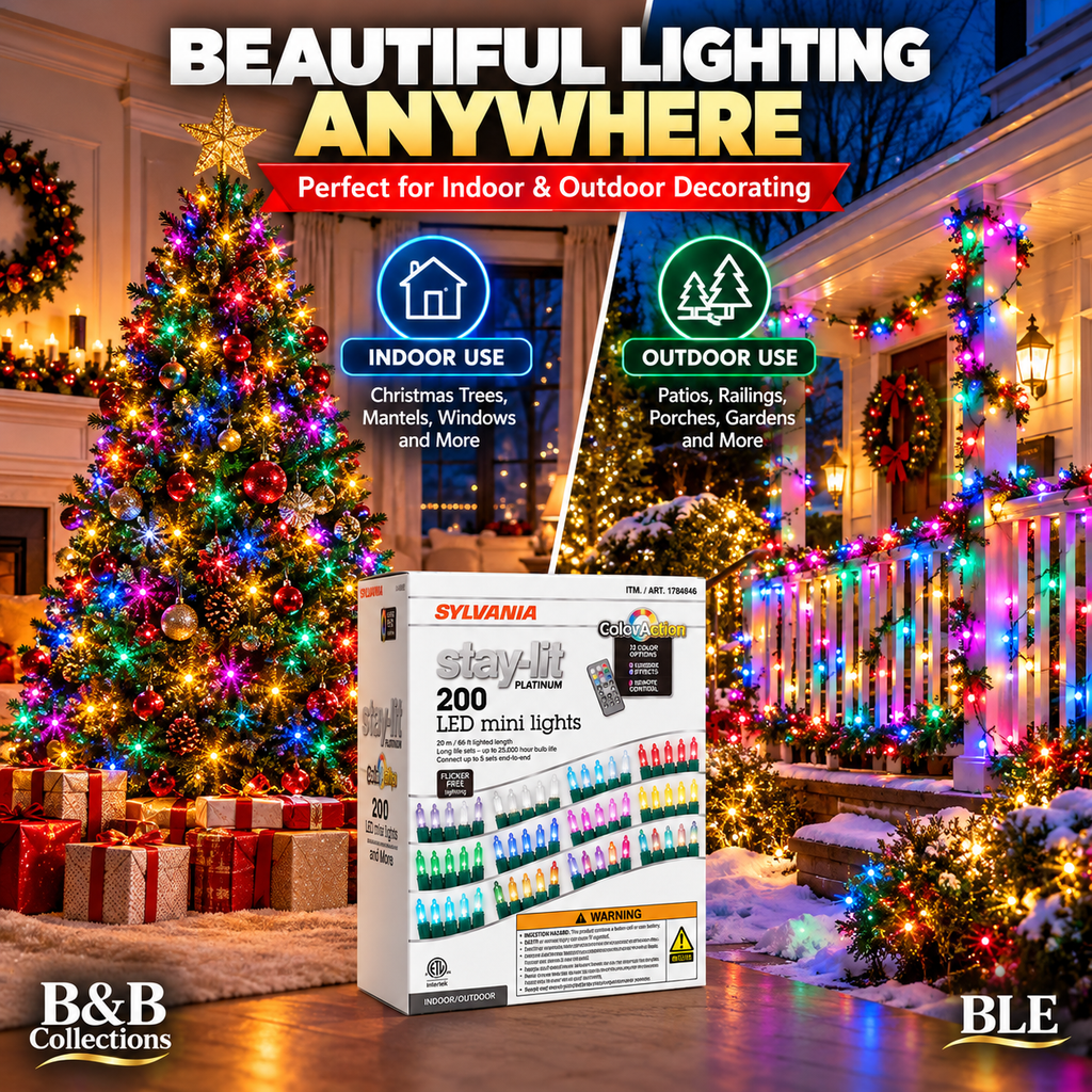 SYLVANIA Stay-Lit Platinum ColorAction 200 LED Mini String Lights, 12 Color Options, 8 Lighting Effects, Remote Control, Indoor/Outdoor, 66 ft