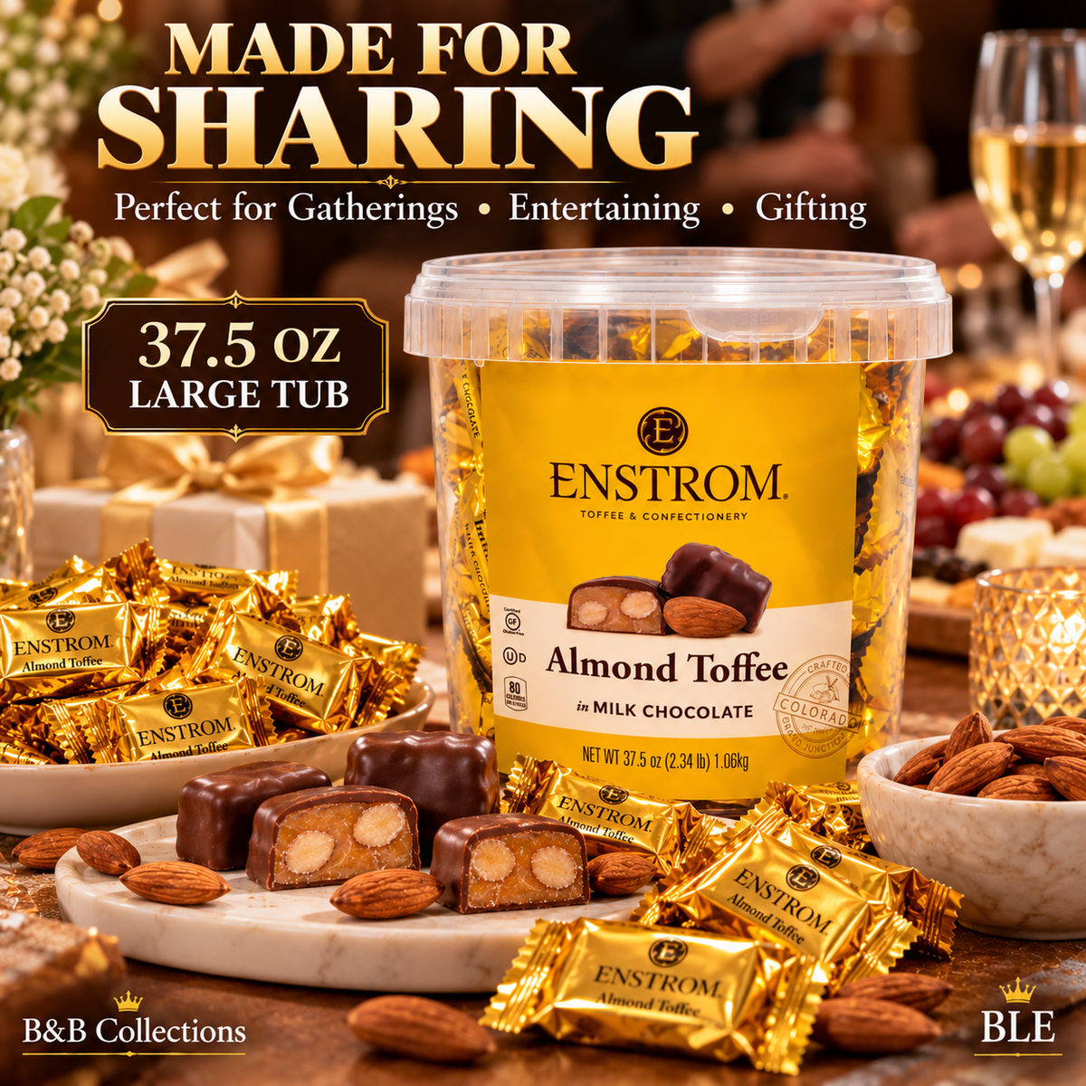 Enstrom Almond Toffee in Milk Chocolate, Individually Wrapped, 37.5 oz (2.34 lb / 1.06 kg) Tub