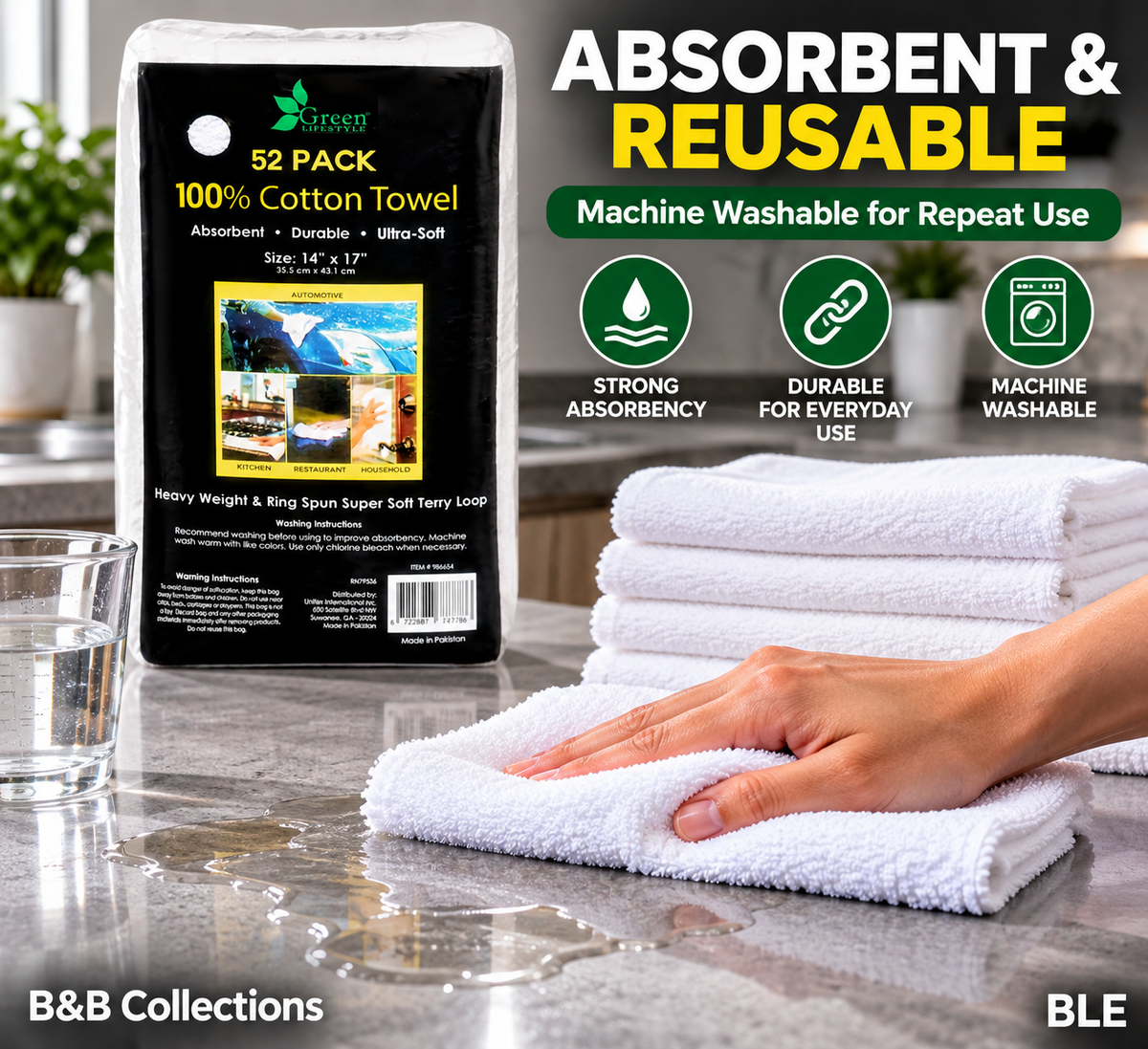 Green Lifestyle 100% Cotton Terry Towels, 52 Pack, 14" x 17", Absorbent Heavyweight Reusable Cleaning Towels, White