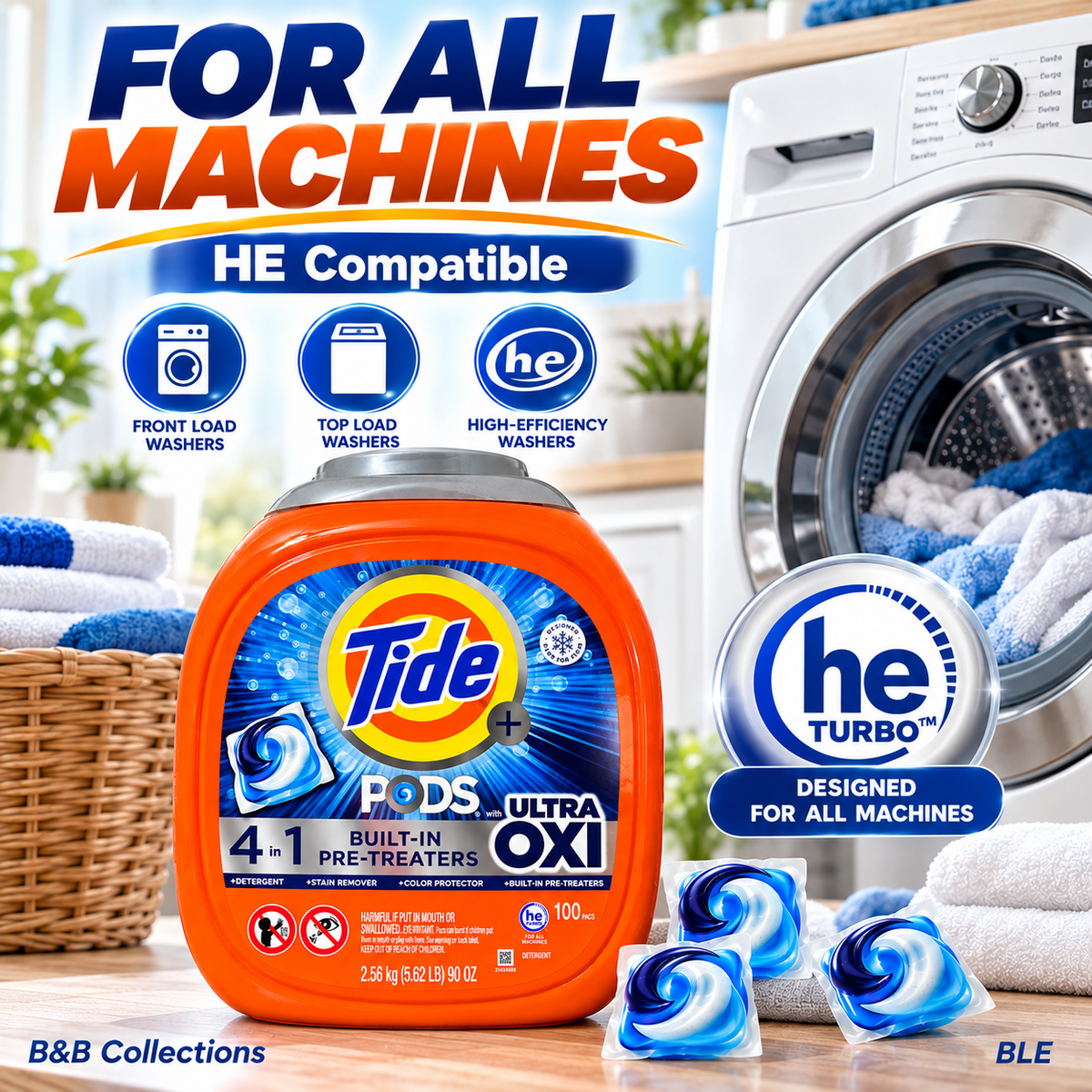 Tide PODS + Ultra OXI Laundry Detergent Pacs, 4-in-1 with Built-In Pre-Treaters, HE Compatible, 100 Count, 90 oz