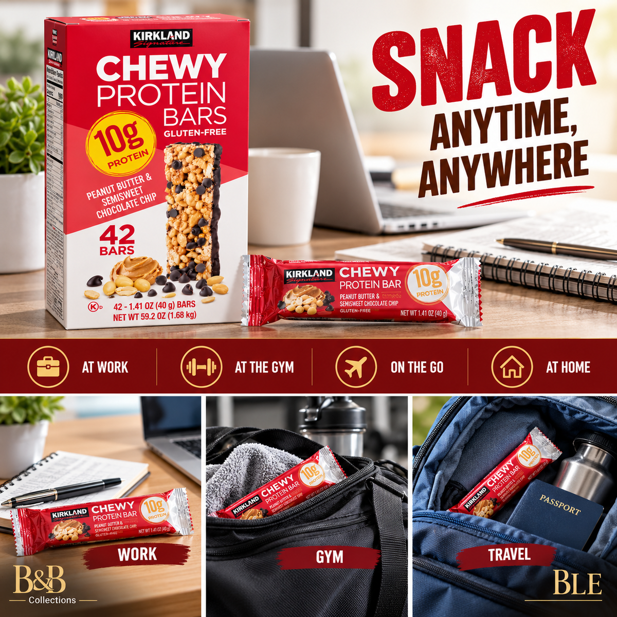 Kirkland Signature Chewy Protein Bars, Peanut Butter & Semisweet Chocolate Chip, 10g Protein, Gluten-Free, 1.41 oz Bars, 42 Count
