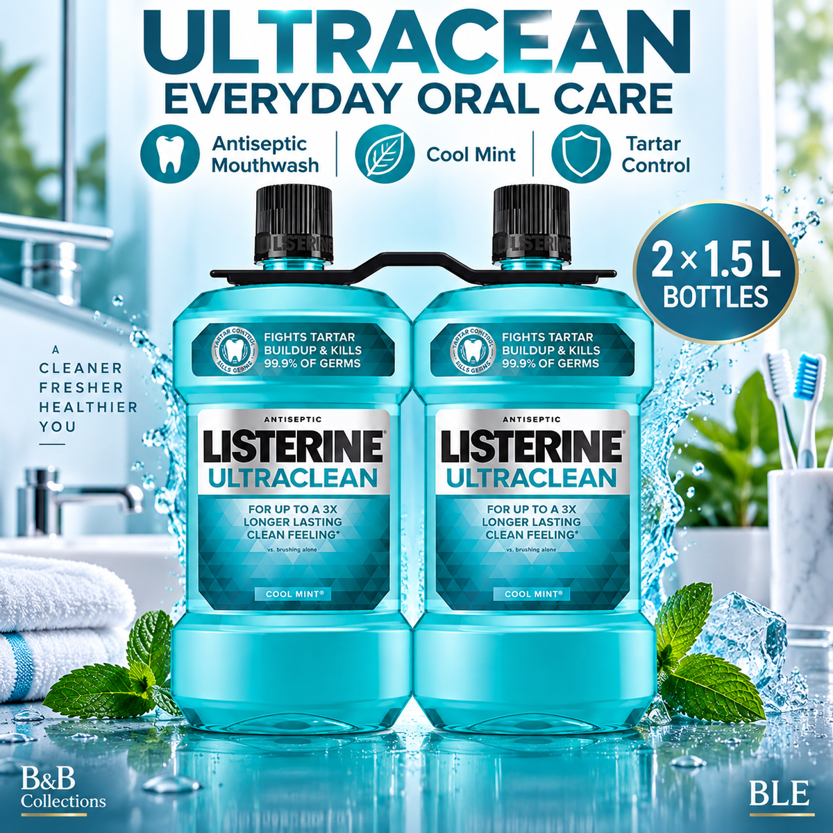 Listerine Ultraclean Antiseptic Mouthwash, Cool Mint, 1.5 L / 50.72 fl oz Each, Pack of 2