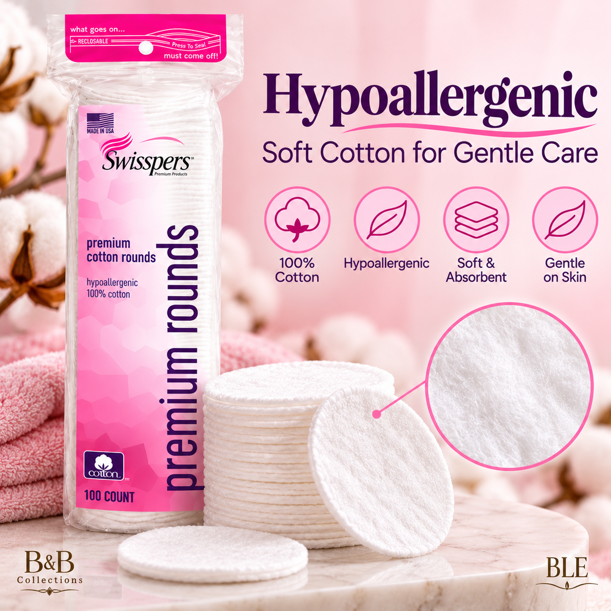 Swisspers Premium Cotton Rounds, 900 Count – 100% Cotton, Hypoallergenic Soft Cotton Pads for Makeup Removal, Facial Cleansing, Toner & Skincare, 9 Packs of 100