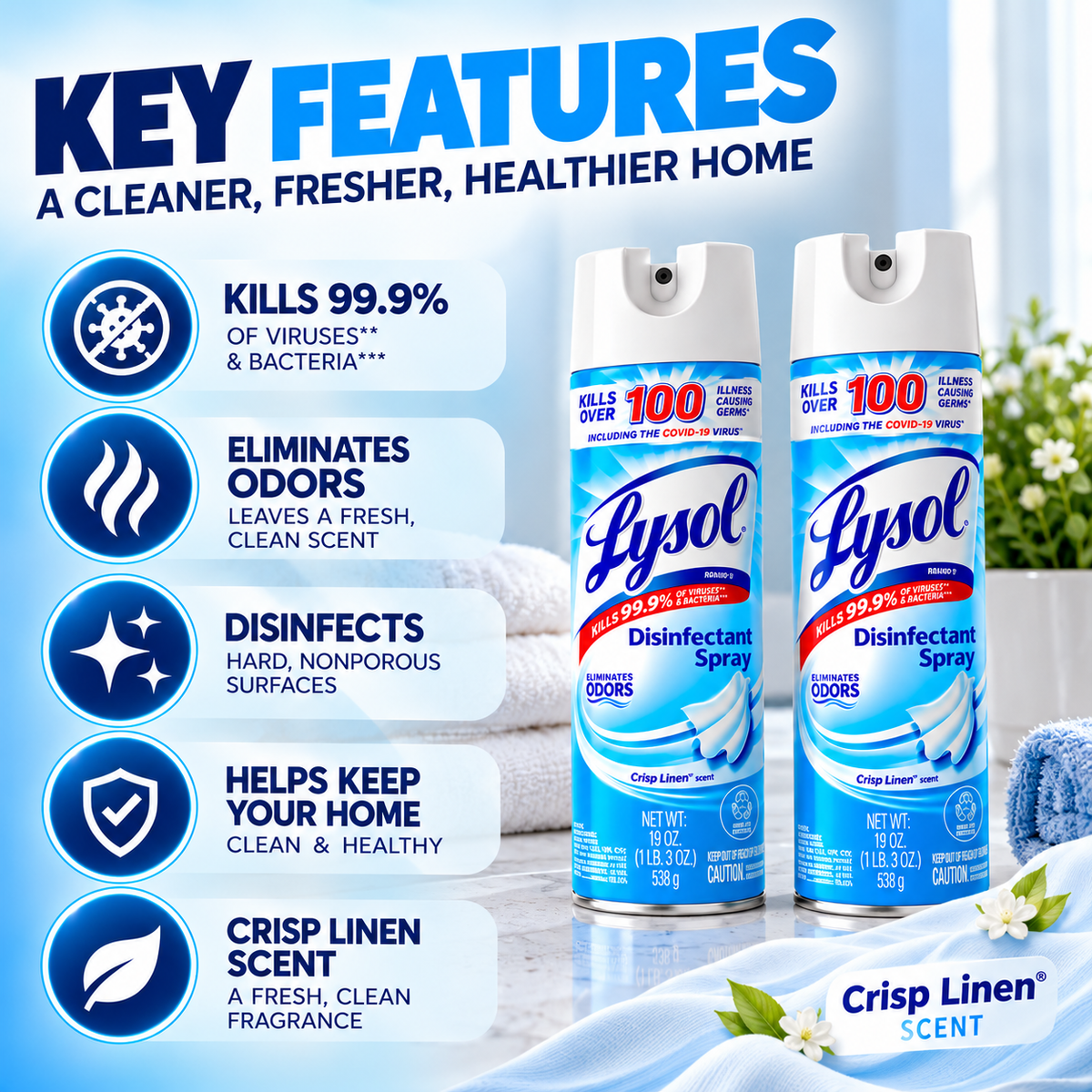 Lysol Disinfectant Spray, Sanitizing and Antibacterial Spray, Deodorizer, Crisp Linen, 19 oz (Pack of 2)