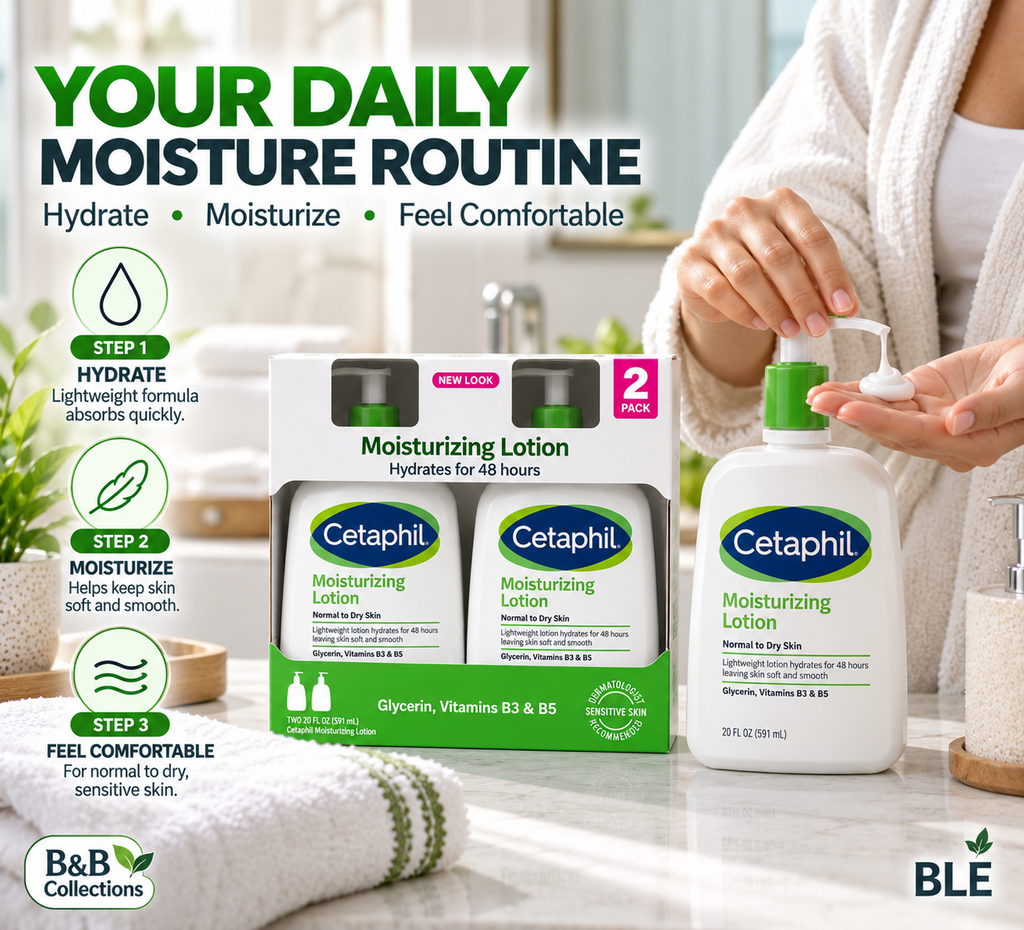 Cetaphil Moisturizing Lotion for Normal to Dry Sensitive Skin, 48-Hour Hydration, Glycerin, Vitamins B3 & B5, 20 fl oz Each, 2-Pack