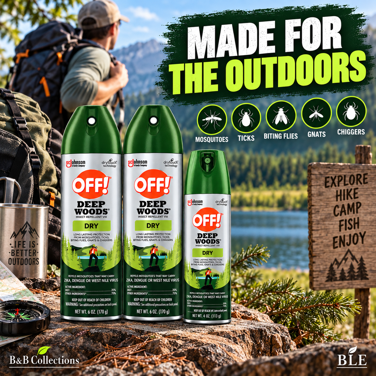 OFF! Deep Woods Dry Insect Repellent VIII, 3-Pack Value, 2 × 6 oz + 1 × 4 oz, Up to 8 Hours Mosquito Protection