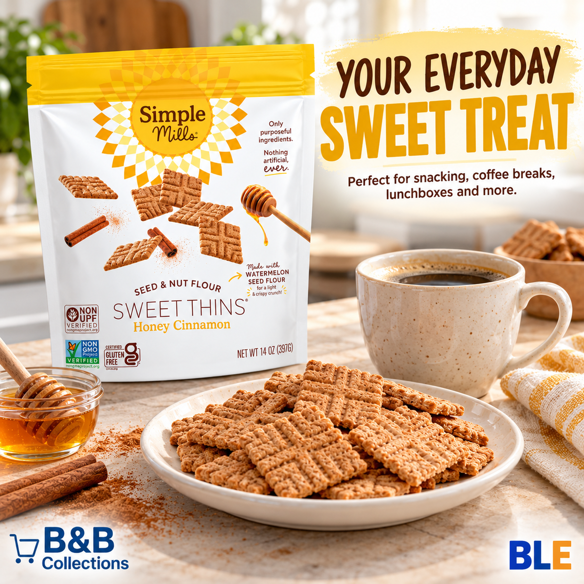 Simple Mills Sweet Thins Honey Cinnamon Cookies, Seed & Nut Flour, Gluten Free, Non-GMO, Paleo Friendly, 14 oz