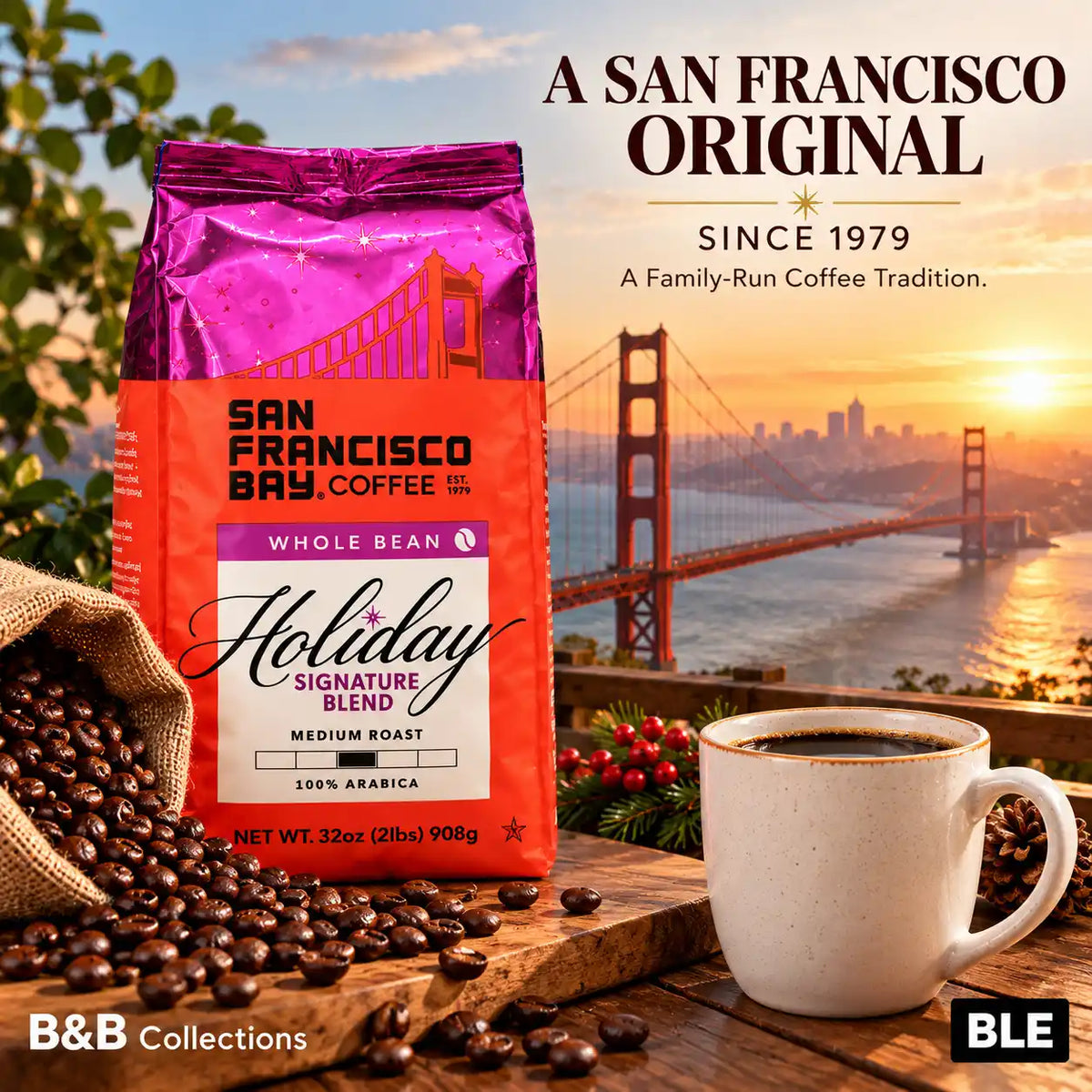 San Francisco Bay Coffee Holiday Signature Blend, Medium Roast, 100% Arabica Whole Bean Coffee, Sweet & Smooth with Notes of Milk Chocolate & Baking Spices, 32 oz (2 lb)