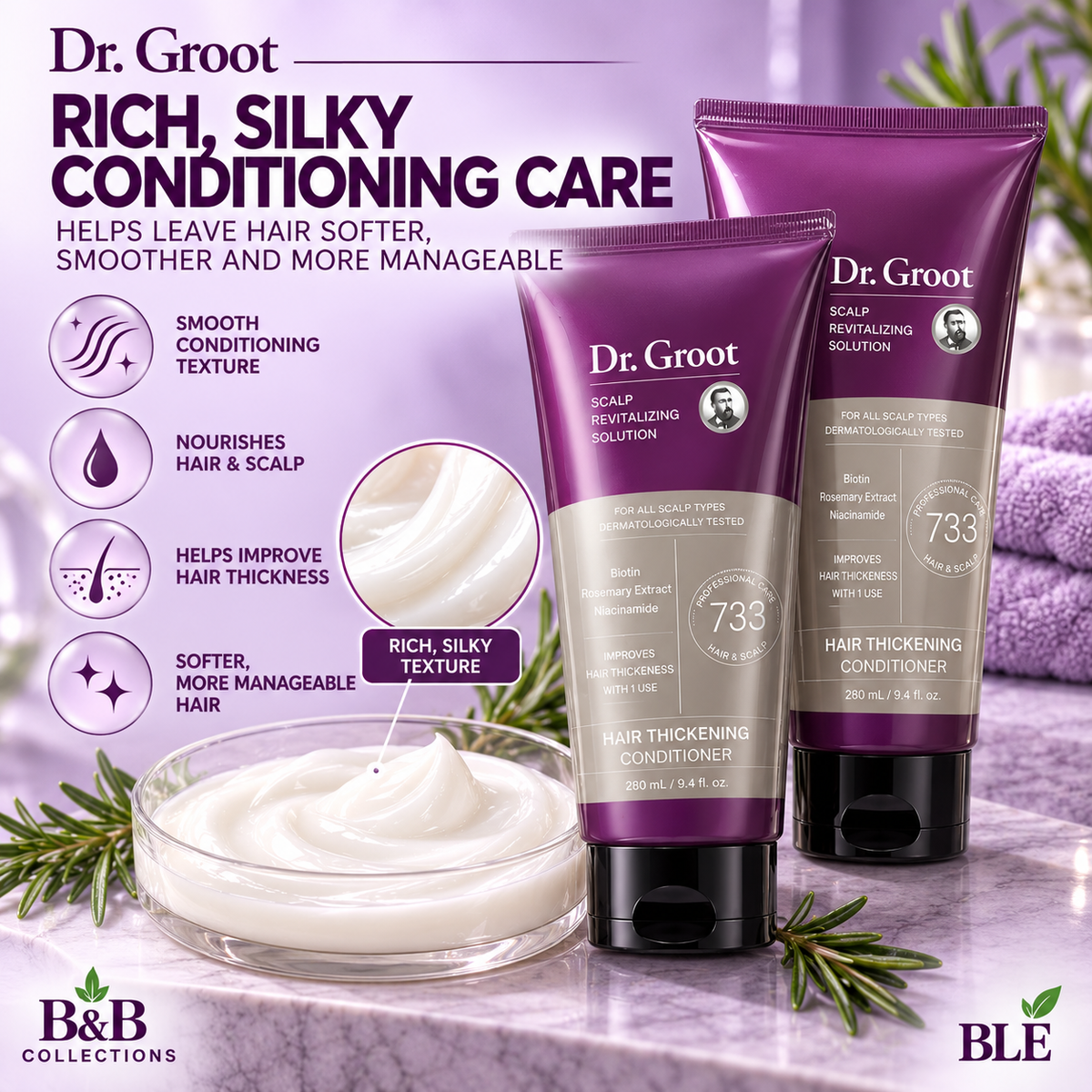 Dr. Groot Hair Thickening Conditioner, Scalp Revitalizing Formula with Biotin, Niacinamide & Rosemary Extract, for Thicker, Smoother, Softer Hair, 9.4 fl oz Each, 2-Pack