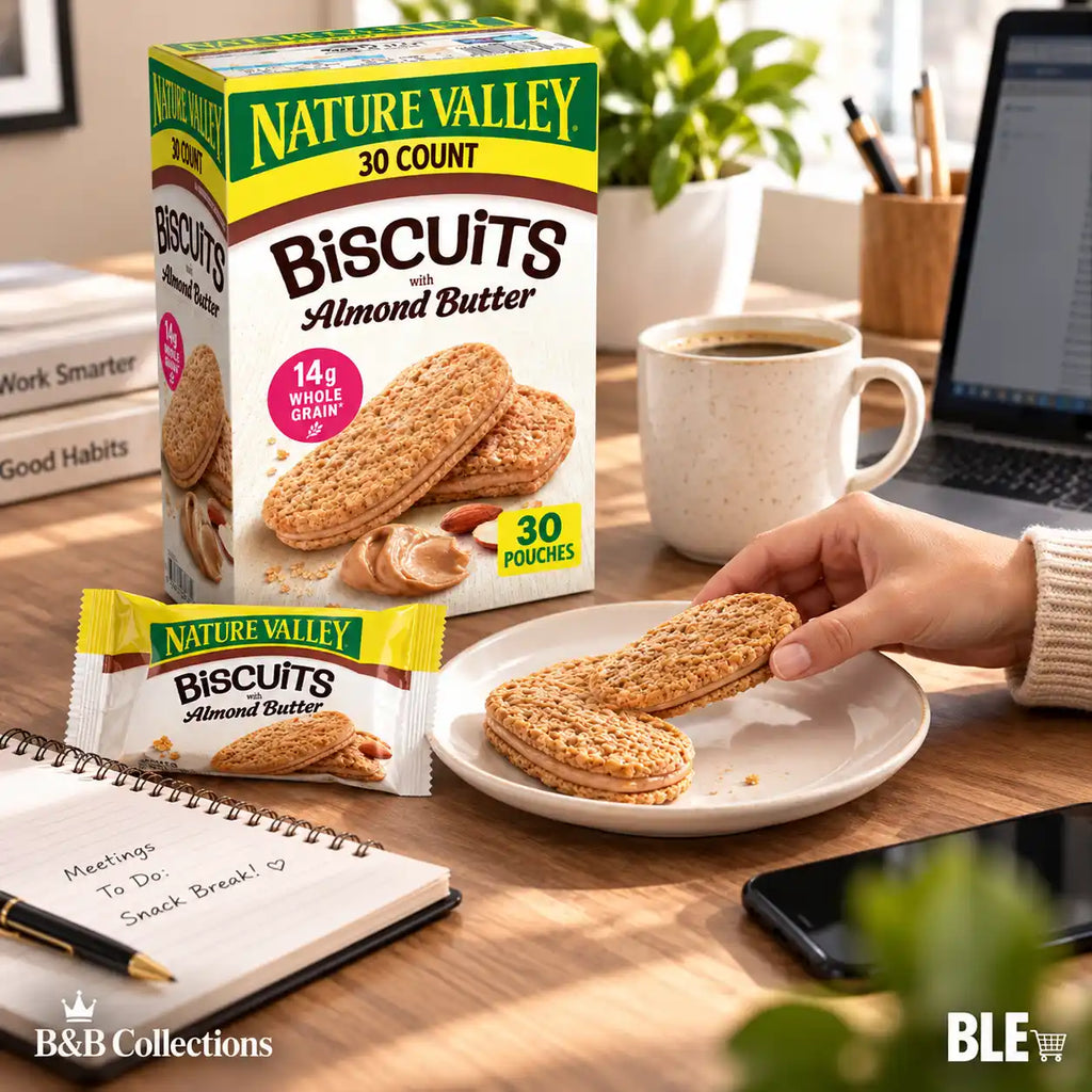 Nature Valley Biscuits with Almond Butter, Whole Grain Sandwich Biscuits, 14g Whole Grain, Individually Wrapped Snack Pouches, 30 Count