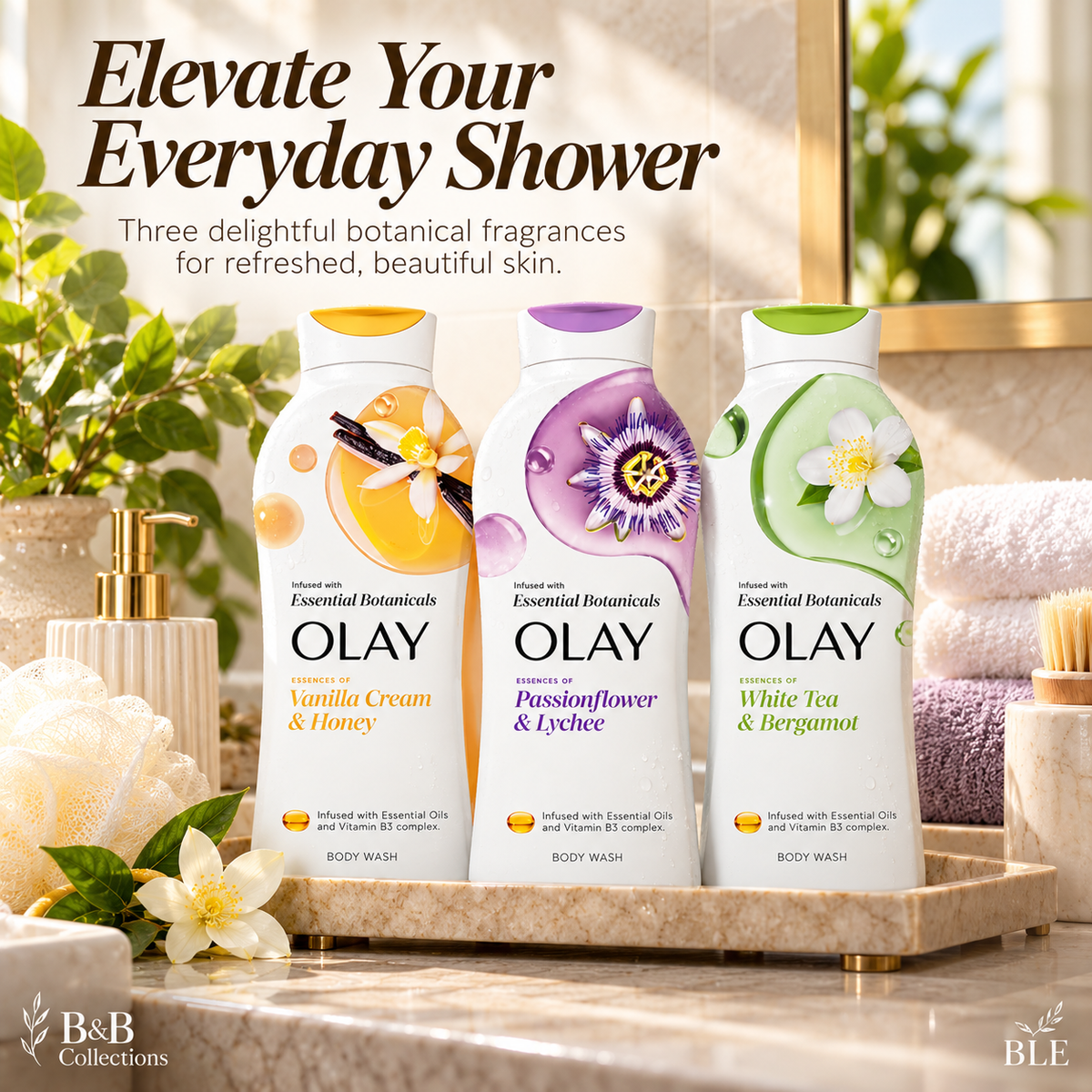 Olay Essential Botanicals Body Wash Variety Pack, Vanilla Cream & Honey, Passionflower & Lychee, White Tea & Bergamot, Essential Oil Infused, 23.6 fl oz Each, 3-Pack
