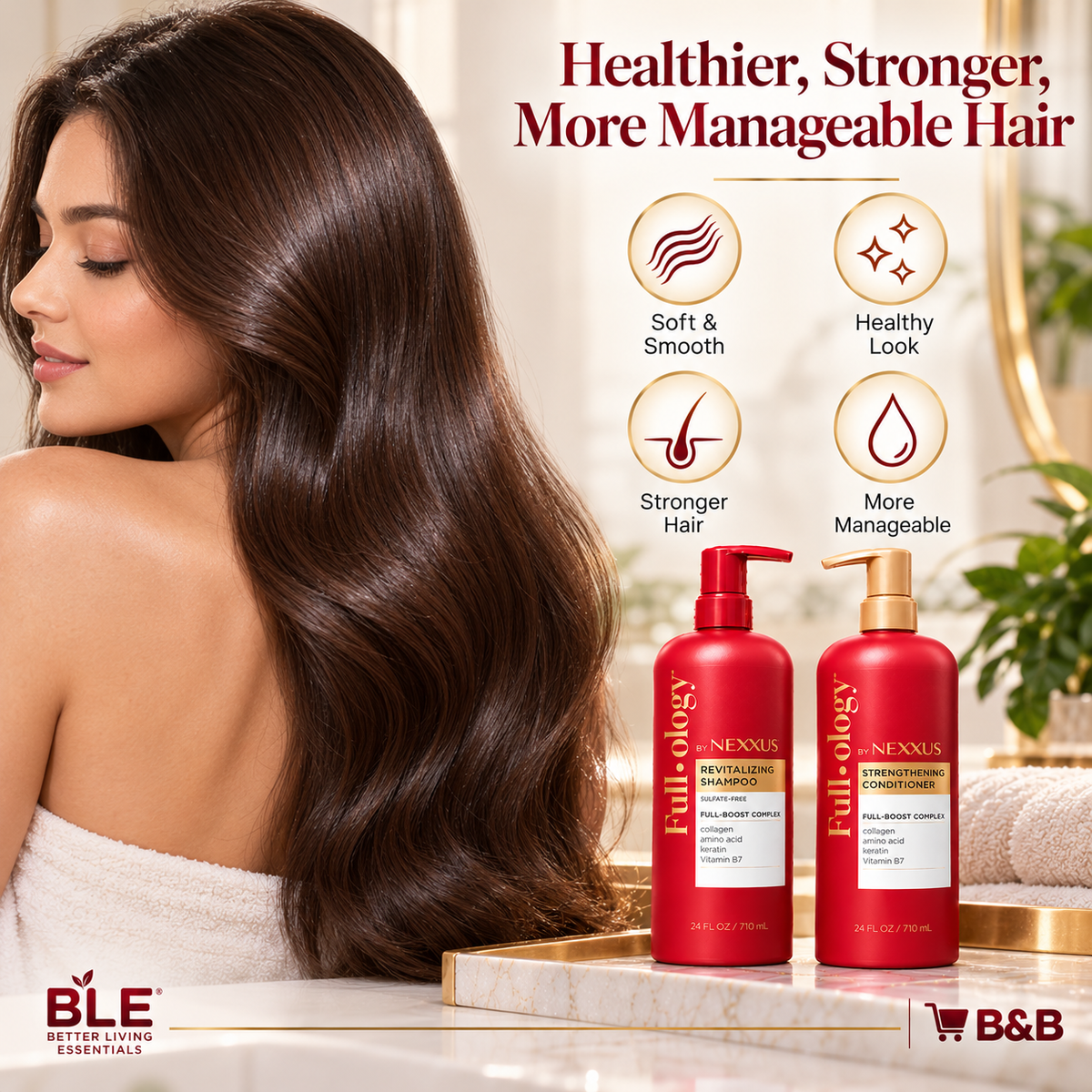 Full-ology by Nexxus Shampoo and Conditioner Set, Revitalizing & Strengthening with Collagen, Amino Acid, Keratin & Vitamin B7, 24 fl oz Each, 2-Pack