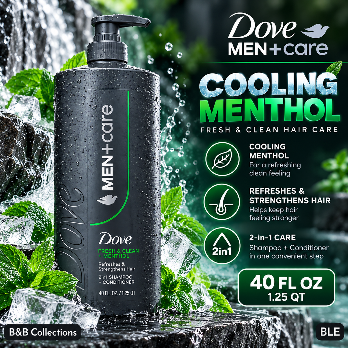 Dove Men+Care Fresh & Clean + Menthol 2-in-1 Shampoo + Conditioner, Refreshes & Strengthens Hair, 40 fl oz