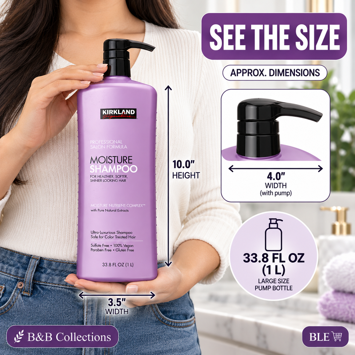 Kirkland Signature Moisture Shampoo, Professional Salon Formula, Sulfate-Free, Vegan, Paraben-Free, for Healthier, Softer, Shinier Hair, 33.8 fl oz (1 L)