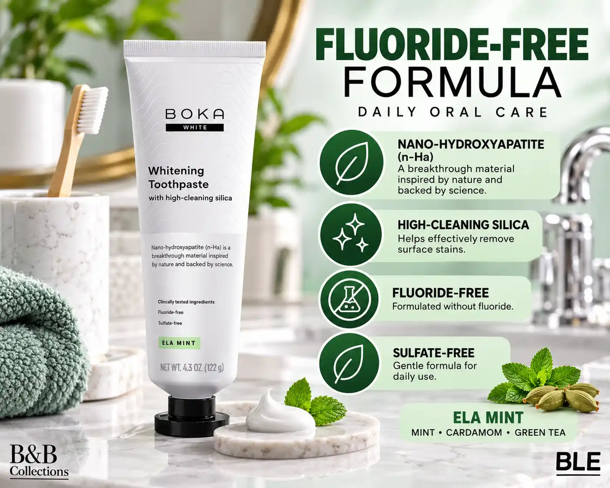 Boka Fluoride-Free Ela Mint Whitening Toothpaste with Nano-Hydroxyapatite & High-Cleaning Silica, 4.3 oz Tubes, 4 Pack, 17.2 oz Total