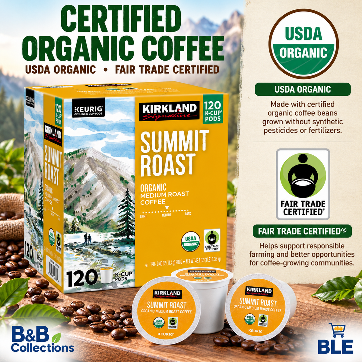 Kirkland Signature Summit Roast Organic Medium Roast Coffee, Keurig K-Cup Pods, USDA Organic, Fair Trade Certified, 120 Count