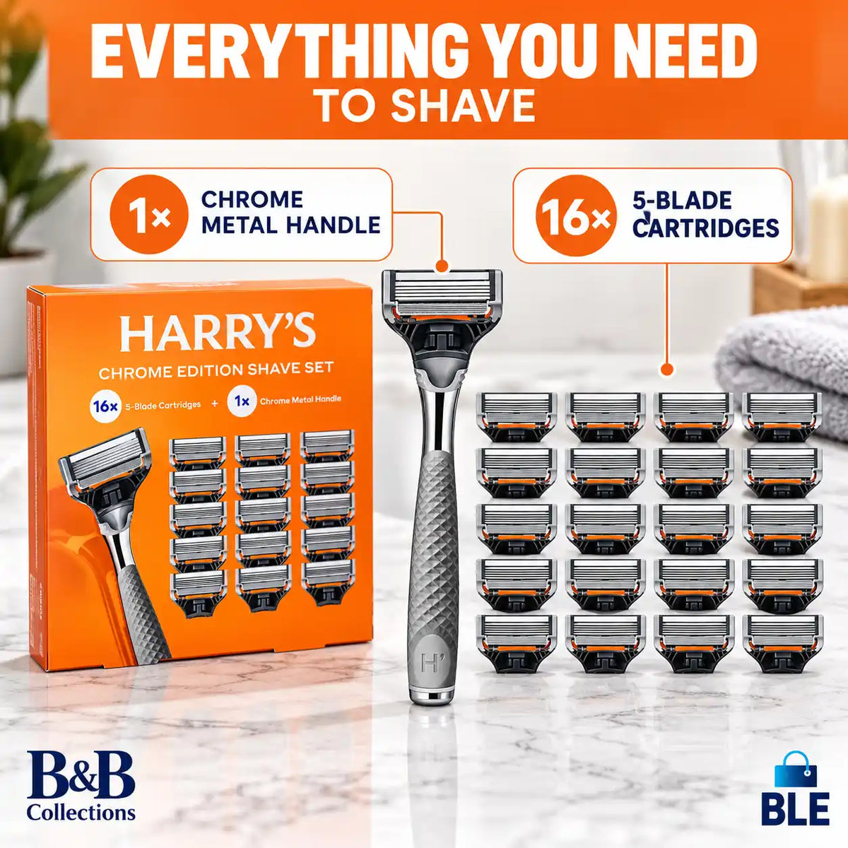 Harry’s Chrome Edition Shave Set, Chrome Metal Razor Handle + 16 Five-Blade Cartridges, 17-Piece Men’s Shaving Set