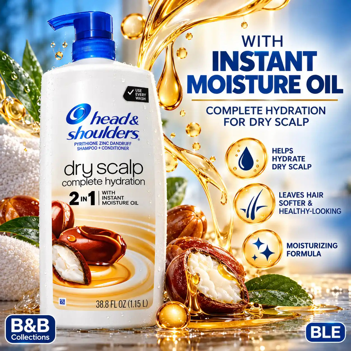Head & Shoulders Dry Scalp Complete Hydration 2-in-1 Shampoo + Conditioner with Instant Moisture Oil, 38.8 fl oz (1.15 L)